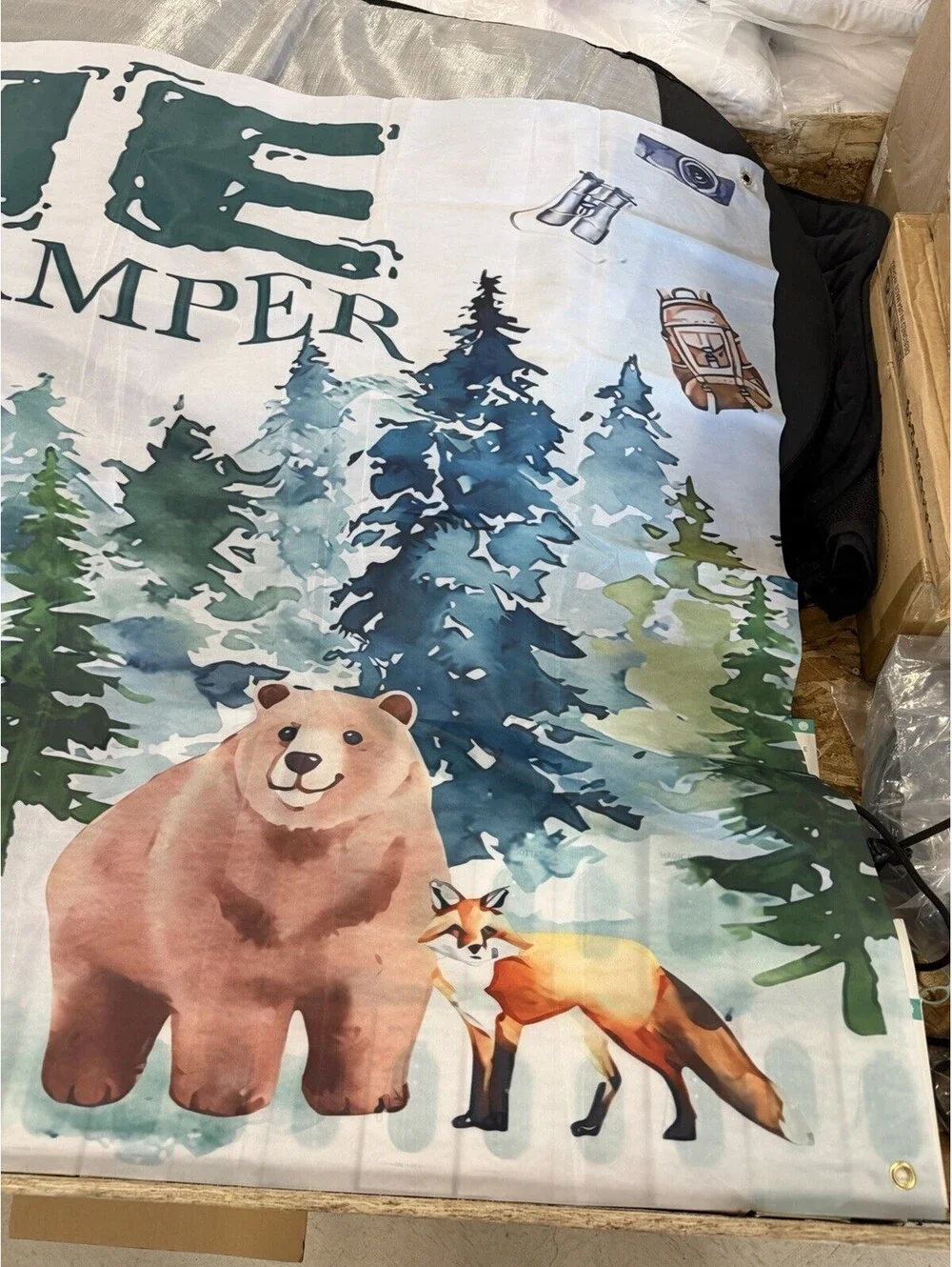 One happy camper tapestry camping flag sun block canopy shade ~57x75” Bear Fox